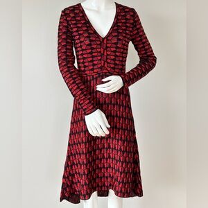Missoni Knit Midi Dress, Red Black Geometric Pattern, V Neck Long Sleeve